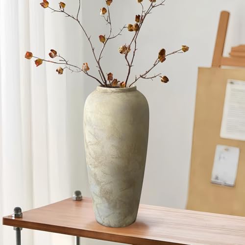 15 Inch Farmhouse Decor Ceramic Rustic Vase,Beige Handmade Flower Vases for Centerpieces,Pottery Vase for Living Room,Kitchen & Bedroom Decor,Vintage Ceramic Vases for Wedding - color: Beige, size: Large