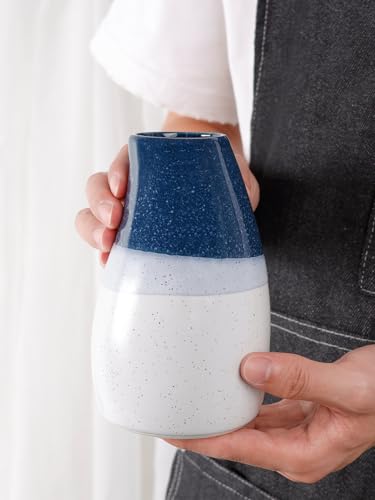 Ceramic Vase – 5.9” Tall Handmade Blue and White Glazed Pottery for Home Decor – Modern Asymmetrical Flower Vase for Living Room, Shelf, Table Centerpiece – 18oz / 500ml