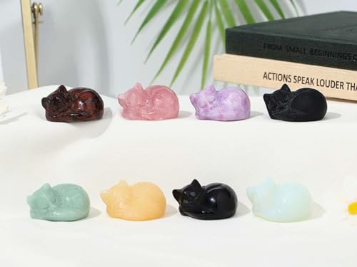 LAIDANLA Garnet Cat Healing Crystals Figurine Sleeping Cat Hand Carved Cute Statue Polished Stone Sculpture Reiki Office Room Bedroom Desk Home Decoration Gifts 1.6" - color: J-garnet