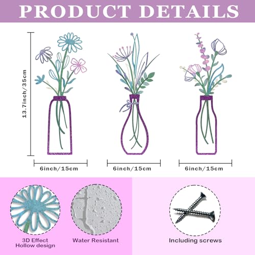Pigort 3 Pieces Metal Flowers Wall Arts - Rustic Farmhouse Decor Purple Minimalist Flower Wall Decors for Living room Bathroom Bedroom Dining Room-Housewarming Gifts(Purple, Vase-C) - color: Purple