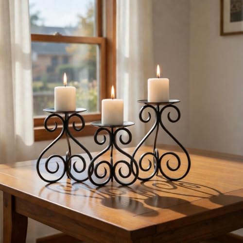 Hosley Illuminate in Style with Our Set of 3 Iron Candle LED Pillar Holders - Large 7 Inches, Medium 6 Inches, Small 5 Inches High for Versatile and Elegant Home Decor - color: Black, size: Height 5"-7" (Set of 3)