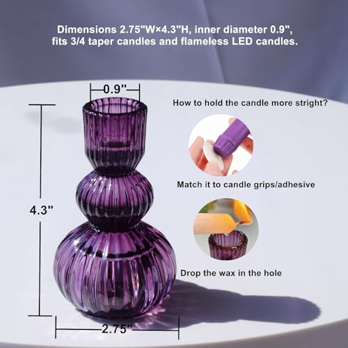 Woho Purple Candlestick Holders Set of 3 for Halloween Decorations, 4.3" H Ribbed Glass Taper Candle Holders Bulk for Wedding Table, Vintage Candle Sticks Holder Decor for Birthday Party/Home Decor - color: Purple