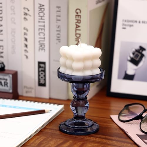 Glass Candle Holder Set of 4, Blue Candlestick Holders for Pillar Candles, 4.5" H, Candle Stand Decorations for Living Room - color: Blue