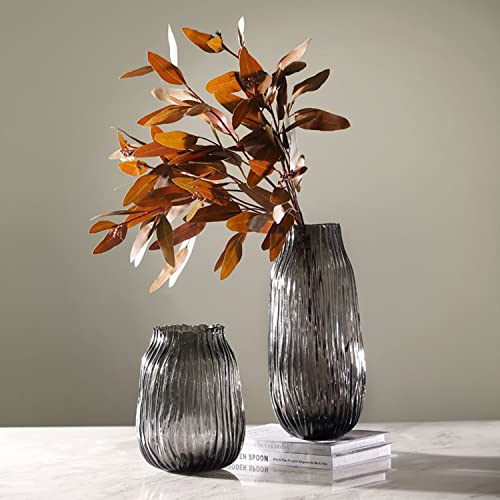 Black Grey Glass Vase for Flowers,Dark Grey Bud Tall Glass Vases,H-8.0" Simple Striped Design for Home Floor Decor,Farmhouse Decor, Centerpiece Coffee Table Decorations - color: Smoke Grey, size: H-8.0IN