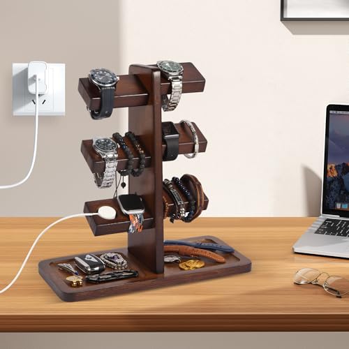 Watch Stand for Men, Watch Display Stand with Charger Groove, Wooden Watch Holder Stand, Jewelry Holder Organizer for Rings, Jewelry, Coins Bracelets, Great Gifts for Men Women, Brown - color: Brown