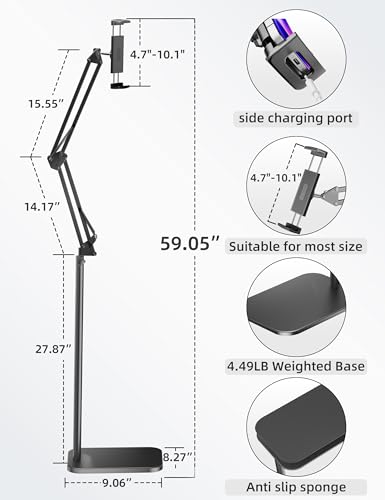 Tablet Floor Stand with 4.5LB Heavy Metal Base,Overhead Bed Phone Stand Angle Height Adjustable Holder, Universal Phone Mount for iPad iPhone Pro Air Mini, Samsung Tab, Kindle, E-Readers...