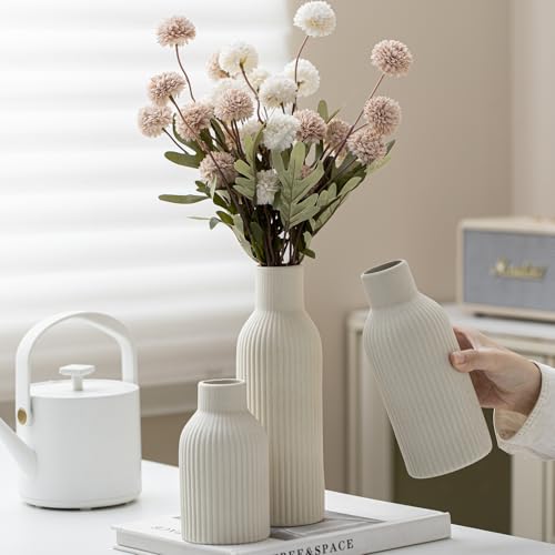 Modern Ceramic Vases Set of 3, Beige Ribbed Decorative Vases, Table Centerpiece for Home Decor (Beige) - color: Beige