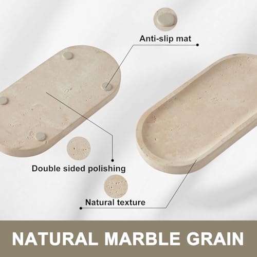 Travertine Tray, Marble Tray for Bathroom countertop,Non-Ceramic/Non-Resin，Stone for Storing Perfume, Cosmetics and Jewelry 9.8 * 4.7inch （Travertine） - color: Travertine, size: 9.8" x 4.7" x 0.7"