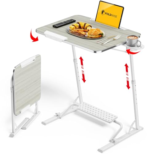 FoldWise Upgraded Folding TV Tray Table - Extra Large & Sturdy Laptop Table for Couch, Height & Angle Adjustable Desk for Dinner, Work & TV - Includes Footrest, Cup Holder, iPad Holder & Edge Stopper - color: (White) - Bright Wood