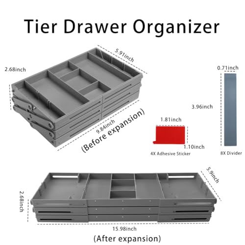 3 Tier Drawer Organizer Collapsible, Multi Level Drawer Organizer, Junk Drawer Organizer for Office, Makeup, Jewelry, Vanity, Kitchen(1 Row 3 Tier)