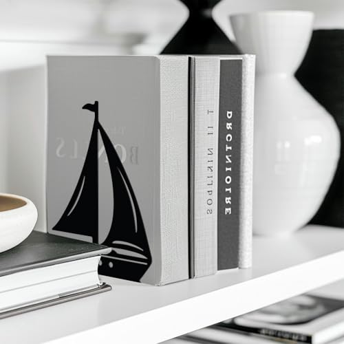 Peacoblue Metal Bookends for Shelves, Modern Decorative Heavy Duty Study Book Support Stoppers for Office, Desk, Shelf, Room 5.3"x4.3"x7" Cast Iron Simple Tall Bookends, 1 Pair (Sailboat) - style: Sailboat