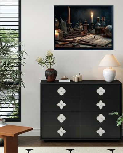 A table topped lots different types objects generative Dark academia Black Framed Canvas Wall Art for Living Room Bedroom Kitchen Bathroom Prints Pictures Wall Decor Posters Painting Artwork 12x16