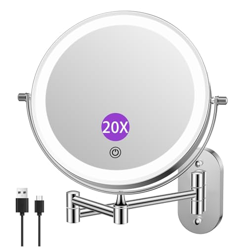 FUNTOUCH 2500mAh Rechargeable Wall Mounted Lighted Makeup Vanity Mirror 8 Inch Double Sided 1X 20X Magnifying Bathroom Mirror, 3 Color Lighting, Touch Dimming, Extended Arm 360° Light up Mirror - color: Bright Chrome