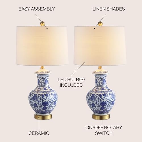 JONATHAN Y 25.25" Blue/White Ceramic Ginger Jar Table Lamp Set of 2, Traditional Brass Gold Base for Living Room Bedroom, White Linen Drum Shade, LED Bulbs Included JYL1072A-SET2