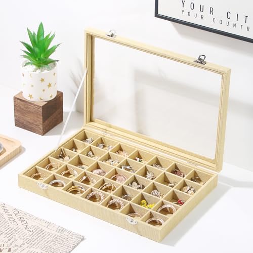 Coward Ring Earring Jewelry Organizer Box, 35 Grids Dustproof Display Holder Case, Yellow Linen Velvet Jewelry Bead Display Tray Case with Transparent Glass Lid for Momen Girls - color: Yellow Linen, size: 35Grids Box