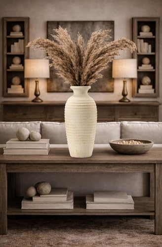 Vaseking Ceramic Natural Rustic Vase, 14.4 Inch Large Vintage Flower Threaded Decorative Farmhouse Tall Vase for Home Decor, Living Room, Shelf Decor, Wedding, Housewarming Gift, Off-White - color: Off-white, size: 14.4"