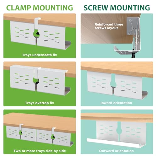 KEEGH 16" Under Desk Cable Management Tray, 2 Pack Desk Cord Organizer Upgrade Capacity, No Drill Clamp/Screws Mount, Cord Management Tray for Home Office, Gaming Desk, Standing Desk, White - color: White, size: 2 Pack
