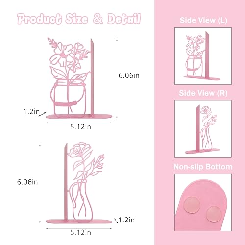 Metal Flower Vase Bookends, Cute Book Ends for Office Home Decor Decorative BookEnds for Shelves, Ideal Gift for Book Lovers(Pink) - color: Pink