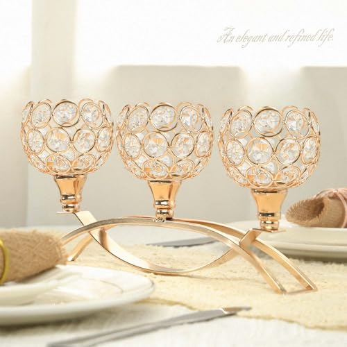 Crystal Tealight Candle Holder Centerpiece Home Decorative Candlestick Holder Elegant Table Centerpiece Home Decor Wedding Party Anniversary (Gold, 3 Arm of 4 Pcs) - color: Gold, size: 4 Pieces