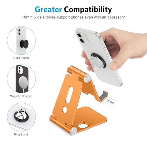 OMOTON Foldable Cell Phone Stand, C4 Portable Aluminum Phone Holder, Adjustable Phone Dock Cradle Compatible with iPhone 17/16/15 Pro Max Air, Samsung Galaxy, Small Tablets, Smart Phones, Orange - color: Orange