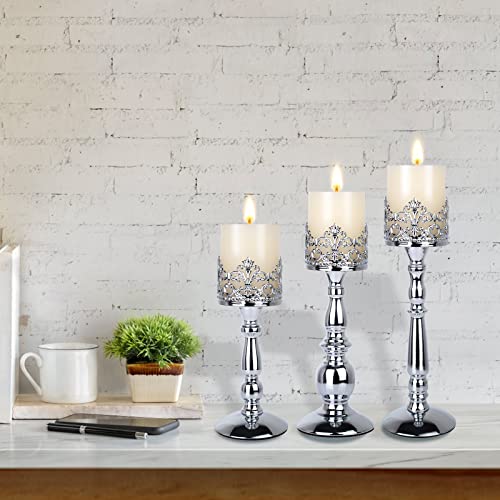 Candle Holders for Pillar Candles Set of 3 Silver Vintage Tall Candle Holders Decorative Large Table Centerpieces Candle Stand Decor - color: Silver