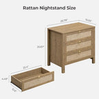 SICOTAS Night Stand with Drawers, Large Rattan Bedside Table with Golden Handle, 3 Drawers Nightstand Tall End Table Side Table Boho Nightstand for Bedroom - color: Carbon Cherry