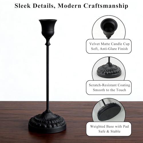 BEAHOT Matte Black Candle Holders, Set of 3 with Matching Candle Snuffer – Elegant Durable Non-Slip Candlestick Holders for Christmas Decorations Wedding Centerpiece & Home Gift Display - color: Black 3 Pack