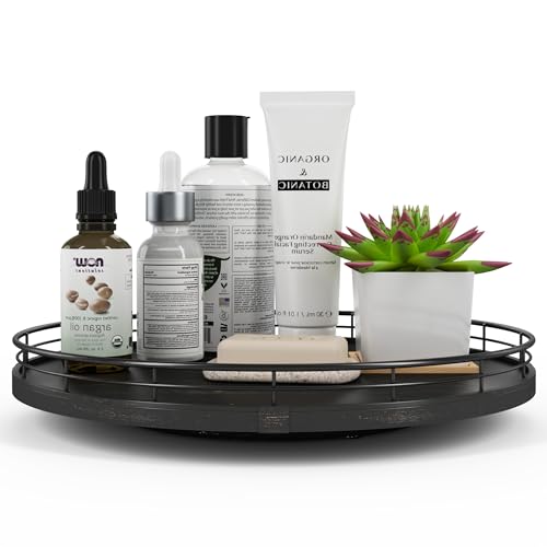 13" Oak Bathroom Vanity Tray Turntable for Perfume Candle, Round Wooden Decorative Tray for Kitchen Sink Countertop Organizer, Bathroom Counter Organizer for Skincare Makeup, Farmhouse Black Gold - color: Black, size: 13 inches