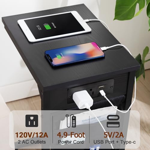AMHANCIBLE C Shaped End Table with Charging Station, TV Tray Set of 2, Couch Tables with Storage Bag, Slide Under Sofa Side Table with USB Ports and Outlets for Living Room, Black, HET04CBK - color: Black