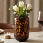8.2in Amber Vase,Brown Glass,Round Art,Modern Clear Glass Vase,Decorative Bottles for Home Decor,Farmhouse Centerpiece,Wide for Living Room, Kitchen,Office, Dining (S) - size: Small