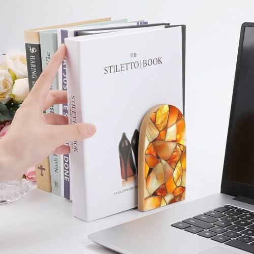 Tortoise Shell Pattern Wooden Bookends Shelves 2 PCS Stained Glass Abstract Sturdy Book Holders Desktop Organizer for Home Office Libraries - color: Color-3