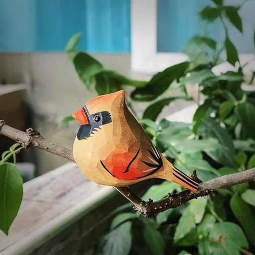 Handmade Wooden Northern Cardinal Figurine - 3.7" Hand-Carved Female Bird Statue - Solid Basswood Bird Sculpture for Home Decor, Christmas Ornament, Memorial & Bird Lover Gift - color: Yellow