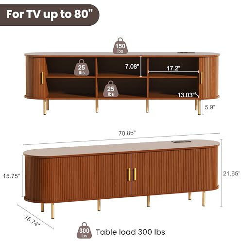 DHH 70.8 Inch Mid Century Modern TV Stand with Power Outlet for TVs up to 80 Inch, Entertainment Center with Storage and Adjustable Shelves, Media Console with Sliding Doors for Living Room(Walnut) - color: Walnut, size: 71 Inch