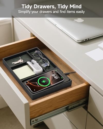 Valet Tray, Built in Wireless Charging Pad, Nightstand Organizer, Two-Toned Premium Vegan Leather Desk Bedside Caddy Organizer Tray for Keys, Watch, Wallet, Jewelry (Black+Green) - color: Black+Green