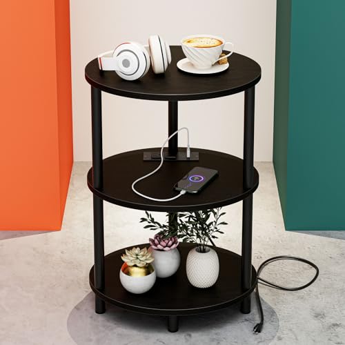 Small Round Side Table - 3-Tier Oval Accent Table for Small Spaces, Rustic Wood and Metal Nightstand for Living Room or Bedroom, Built-in USB Ports and Power Outlet, Charcoal Wenge - color: Charcoal Wenge, size: 1-Pack, style: Includes Power Outlets