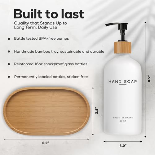 Luxury Glass Hand and Dish Soap Dispenser Set by Brighter Barns - Kitchen Soap Dispenser Set with Tray - Bamboo Pump Bottle for Kitchen Sink - Boho Home Decor, Modern Decor in Restaurant (Black/White) - color: Black White Hd