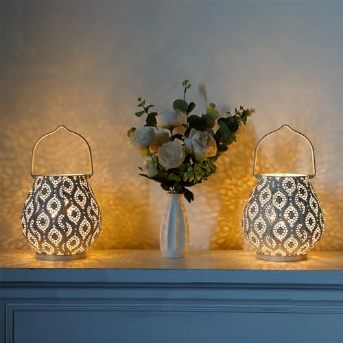 TRIROCKS Set of 4 Moroccan Decorative Lamps 8'' High Battery Powered Cordless Lamp Metal Table Lamps with Fairy Lights Bulb for Home Living Room Garden Yard Party Events Tabletop Indoor Outdoor(White) - color: 4 Set White