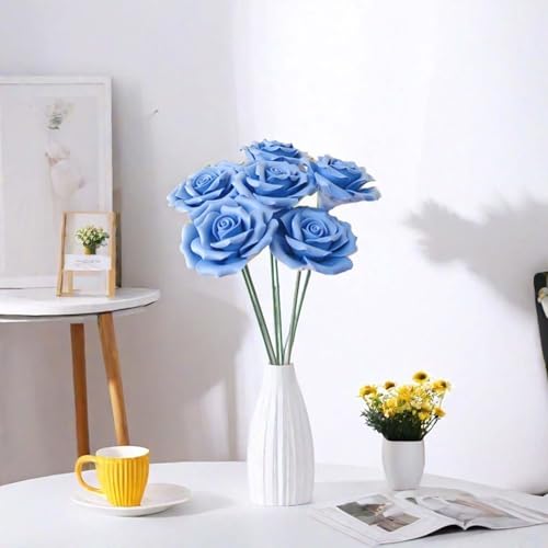 Handmade Porcelain 3D Ceramic Rose Flower, Eternal Flower Decoration for Home Office Decor, Creative Desktop vases, Porcelain Decorations, Exquisite, Set of 6 (Blue) - color: Blue