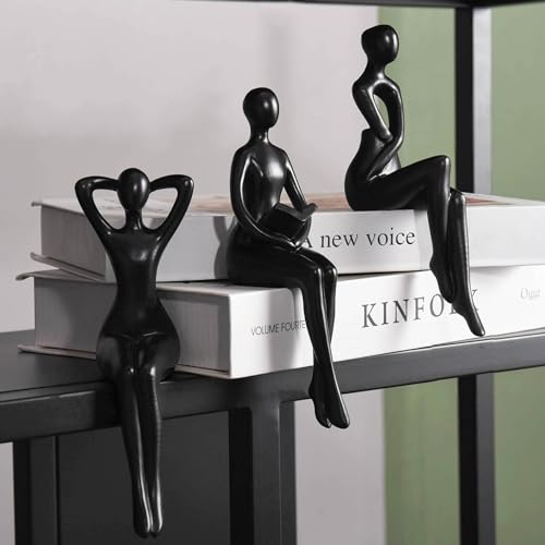 Quoowiit Black Thinker Statue Book Shelf Decor, Minimalist Modern Home Decor Collectable Figurines Office Desk Unique Coffee Table Decorations for Living Room 3 Piece - color: Black