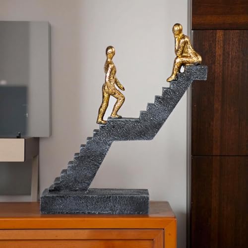 Modern Staircase Sculpture, Gold Figures on Black Steps, 8.66 x 7.09 x 2.56 inches, Contemporary Art Decor - color: ‌"dual Gold"‌