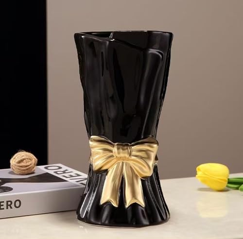 Bow Vase, Black Flower Vase for Home Decor, Black Ceramic Vases for Boho Style, Bow Decor, 9.3 Inch Flower Vases for Bouquet, Ideal Shelf Decor/Table. (Large) - color: Black