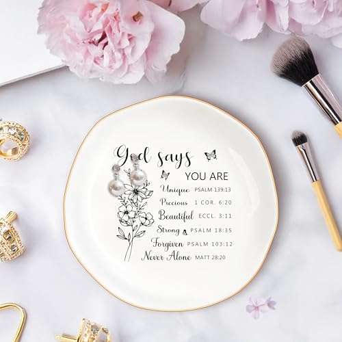 Christian Gifts for Women, Bible Verse Ceramic Jewelry Dish Trinket Ring Tray, Inspirational Floral Gift for Mom Sister Friend Birthday Christmas-God Says You are (White-God Says3) - color: White-God Says3