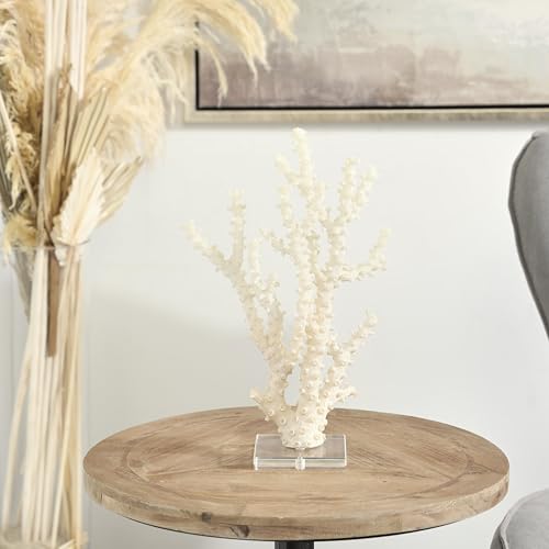 Deco 79 Polystone Coral Decorative Sculpture Home Decor Statue with Clear Acrylic Base, Accent Figurine 9" x 4" x 14", Cream - size: 9" x 4" x 14"