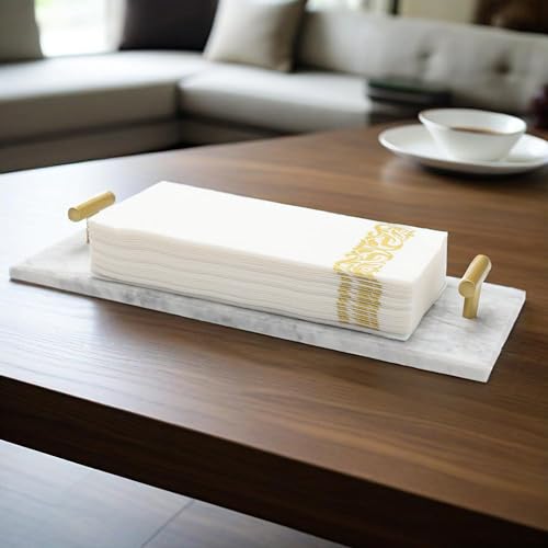 Napkin Holder - Guest Towel Holder for Bathroom - Marble Paper Towel Holder - Hand Towel Tray with Gold T-Handle(11.8x4.7x1.7 Inchs) - color: White