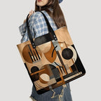 Beige And Black Objects Tote Bag for Women, Large PU Leather Handbag, Reusable Shopping Bag for Work, Travel, Beach