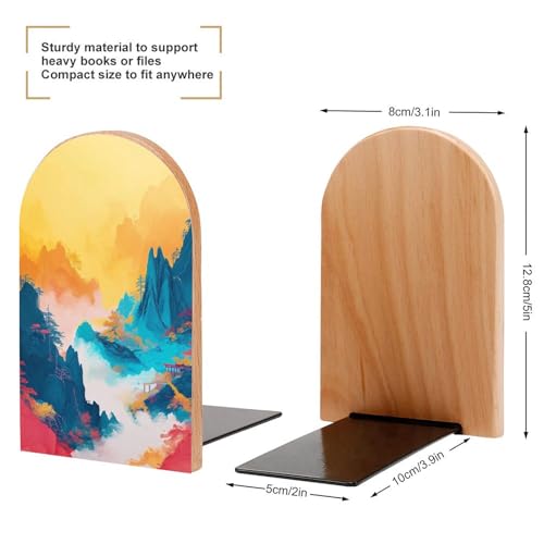 Colorful Mountains Wooden Bookends Shelves 2 PCS Pavilions Trees with Chinese Craftsmanship Minimalist Sturdy Book Holders Desktop Organizer for Home Office Libraries - color: Color-3