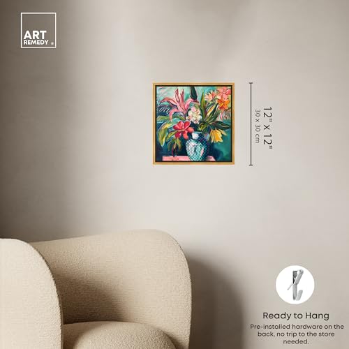 Art Remedy Vase Of Tropical Flowers Framed Flowers In Vase Paintings, 13.5" x 13.5", Gold Frame - color: Gold Frame, size: 13.5"L x 13.5"W