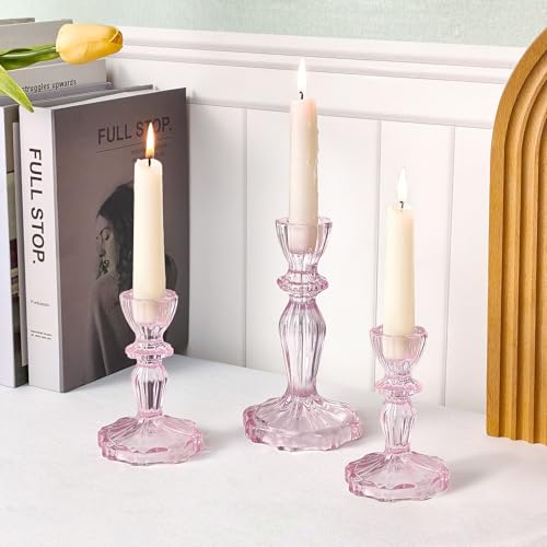 Glass Candlestick Holders Set of 3, Pink Stripe Taper Candle Holders for Table Centerpiece, Home Decorations, Wedding and Party - color: Pink