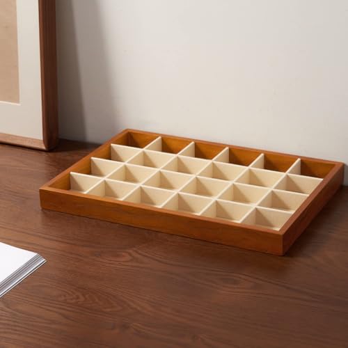 Oirlv 24 Grid Wood Jewelry Tray Microfiber Interior Jewelry Drawer Organizer Showcase Display Box Ring Earrings Holder - color: Creamy-white 24 grid tray
