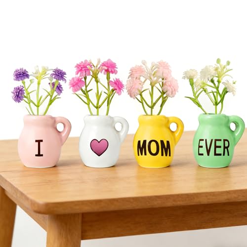 4 Pcs Mini Vase Fridge Magnets, Cute Ceramic Refrigerator Magnets with Artificial Flowers, Ideal for Mother’s Day and Birthday Gifts, Kitchen and Office Decor